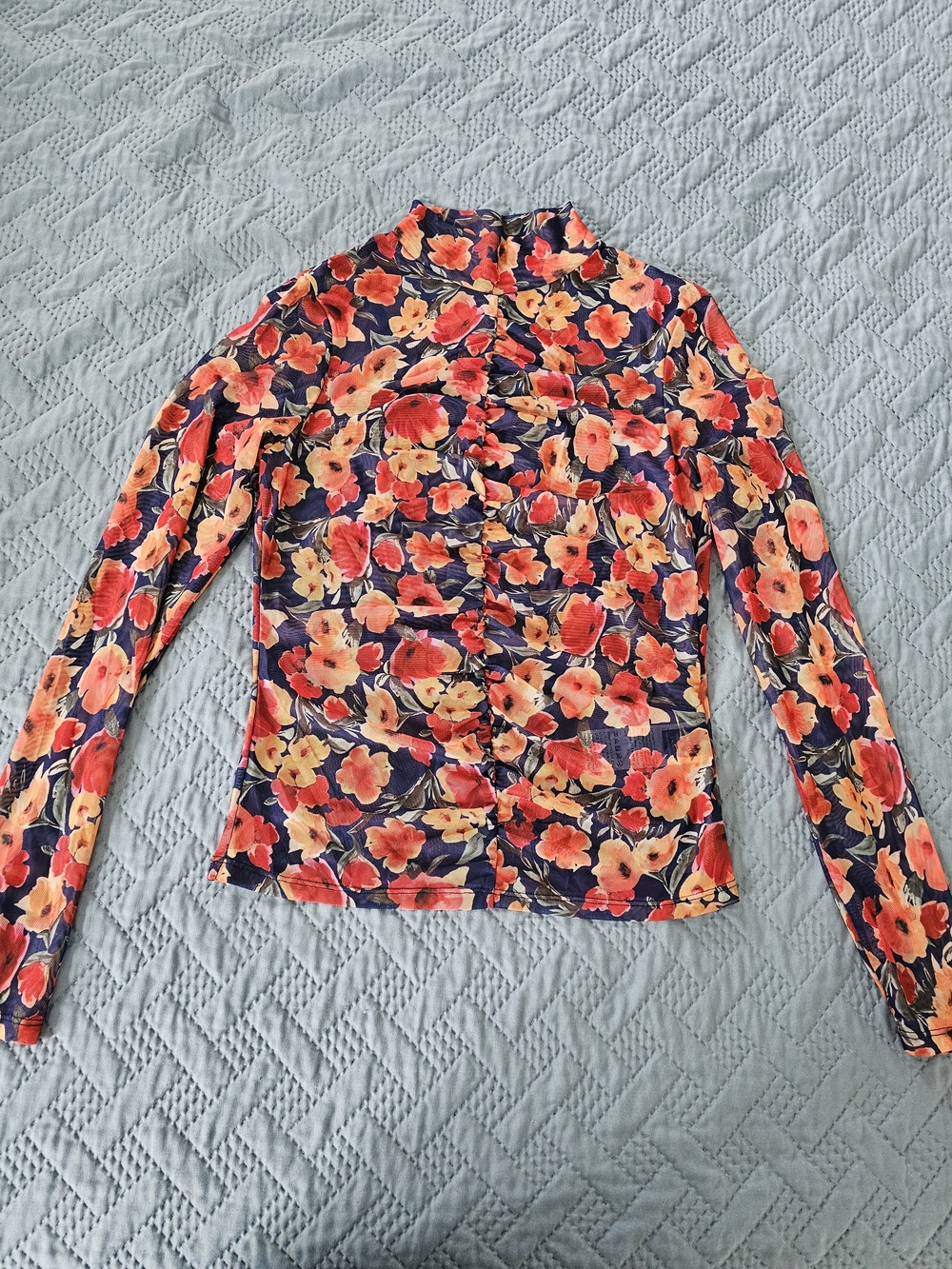 SHEIN Navy Floral Mock Neck Long Sleeve Top with Red & Orange Flowers